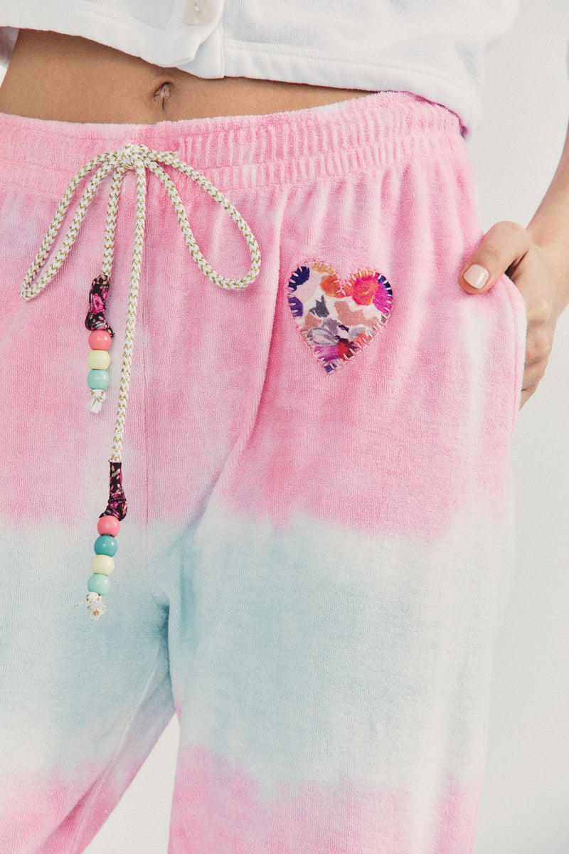 Santinella Beaded Tie-Dyed Cotton Terry Pants Apparel LoveShackFancy   