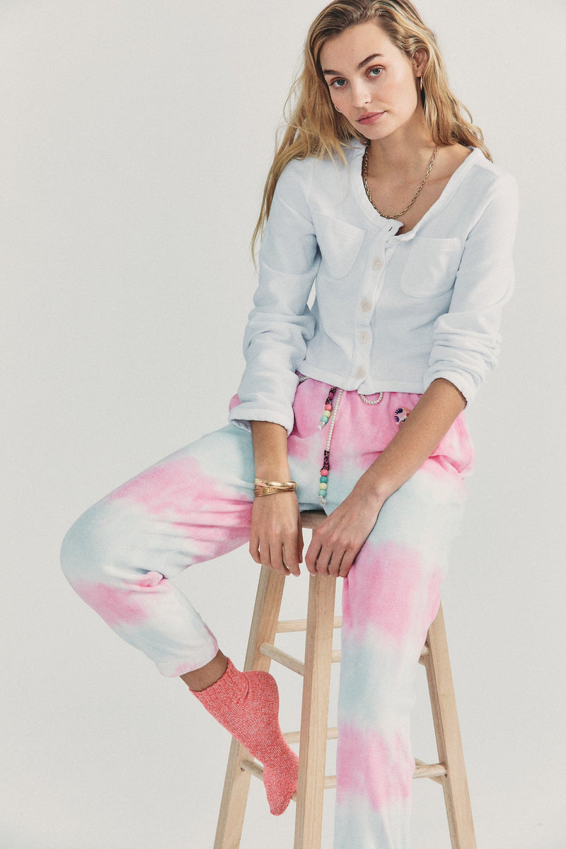 Santinella Beaded Tie-Dyed Cotton Terry Pants Apparel LoveShackFancy   