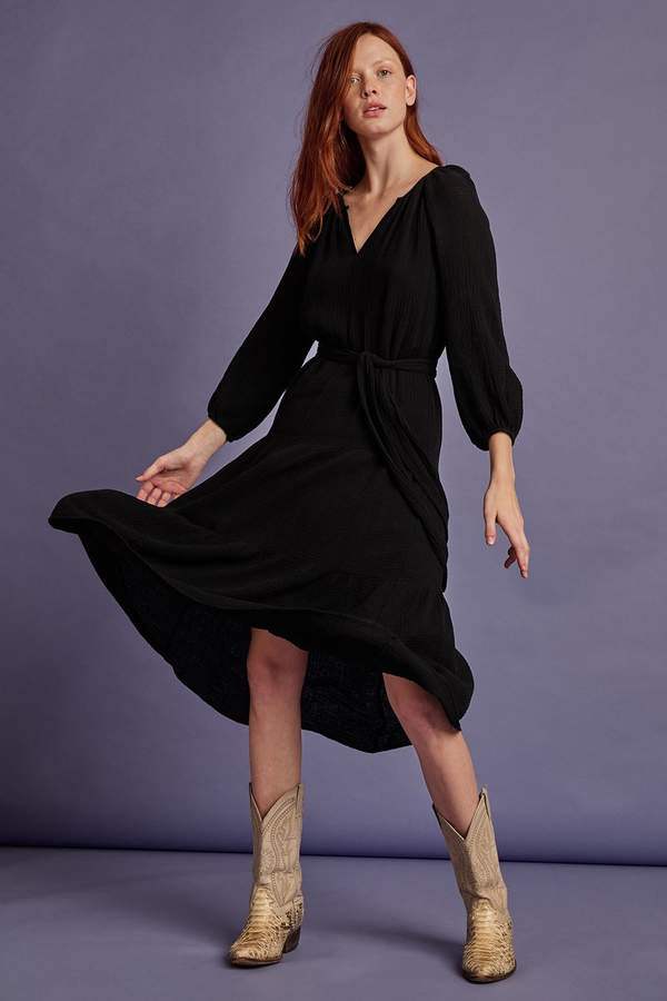 Samar Cotton Gauze Belted Midi Dress Apparel Velvet Extra Small Black 